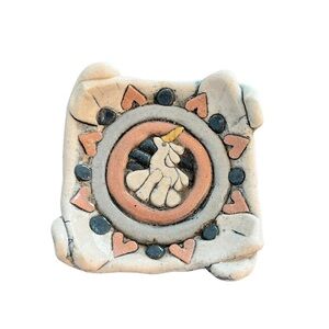 Studio Pottery Unicorn Trinket Dish Outsider Art Signed 4” x 4”